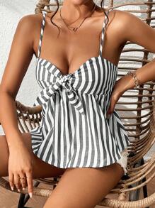 SHEIN VCAY Sọc Nút phía trước Cami ngọn - Xám - Xem 1