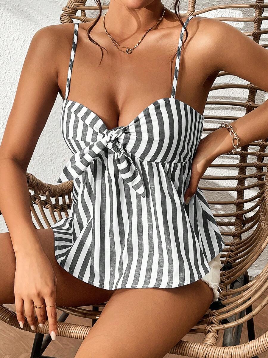 SHEIN VCAY Sọc Nút phía trước Cami ngọn - Xám - Xem 1