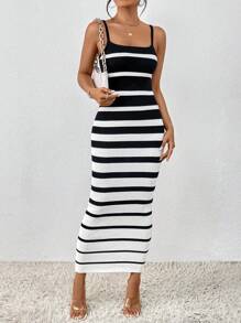 Xyvia Striped Pattern Cami Bodycon Dress - Black and White - View 1
