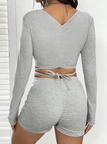 SHEIN Unity 十字交叉後綁帶短款上衣&短褲 - 灰色 - 查看 2