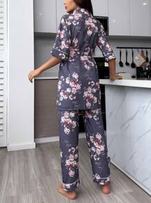 LuxeNights Floral Print Contrast Piping Belted PJ Set / Pajama Set - Purple - View 2