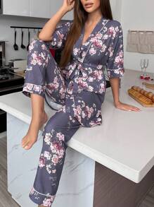 LuxeNights Floral Print Contrast Piping Belted PJ Set / Pajama Set - Purple - View 4