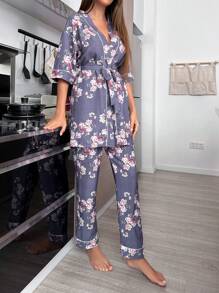 LuxeNights Floral Print Contrast Piping Belted PJ Set / Pajama Set - Purple - View 5