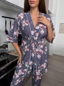 LuxeNights Floral Print Contrast Piping Belted PJ Set / Pajama Set - Purple - View 6