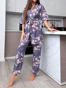 LuxeNights Floral Print Contrast Piping Belted PJ Set / Pajama Set - Purple - View 1