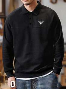 Manfinity Hypemode Men Deer Embroidery Polo Neck Drop Shoulder Sweatshirt - Black - View 1