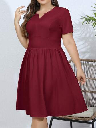 大碼缺口領隱藏口袋連衣裙