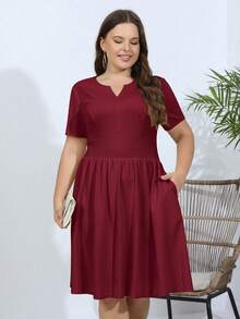 Vestido de cuello notch con bolsillo oculto - Burdeos - Ver 4