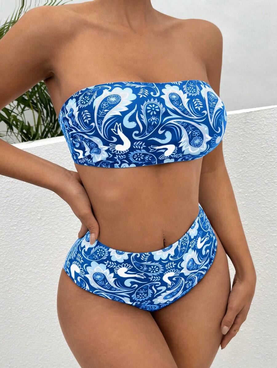 Paisley Print Bandeau Bikini Set For Summer Beach - Multicolor - View 1