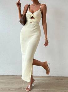 SHEIN Privé Cut Out Split Thigh Cami Sweater Dress - Apricot - View 3