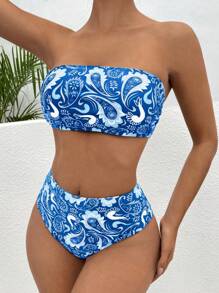 Paisley Print Bandeau Bikini Set For Summer Beach - Multicolor - View 3