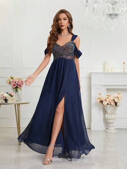 Cold Shoulder Contrast Sequin Split Thigh Chiffon Formal Bridesmaid Dress