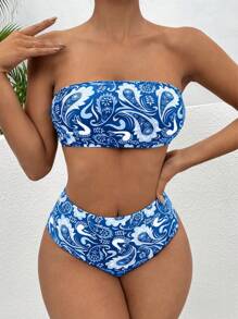 Paisley Print Bandeau Bikini Set For Summer Beach - Multicolor - View 4