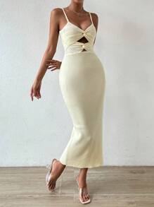 SHEIN Privé Cut Out Split Thigh Cami Sweater Dress - Apricot - View 5