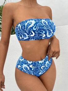 Paisley Print Bandeau Bikini Set For Summer Beach - Multicolor - View 5