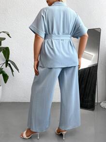 SHEIN LUNE Taglie Forti con manica a pipistrello con cintura Camicetta & Pantaloni a gamba larga - Blu - Visualizzare 2