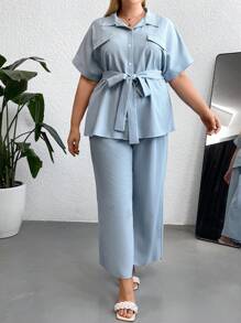 SHEIN LUNE Taglie Forti con manica a pipistrello con cintura Camicetta & Pantaloni a gamba larga - Blu - Visualizzare 3