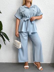 SHEIN LUNE Taglie Forti con manica a pipistrello con cintura Camicetta & Pantaloni a gamba larga - Blu - Visualizzare 4