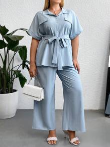 SHEIN LUNE Taglie Forti con manica a pipistrello con cintura Camicetta & Pantaloni a gamba larga - Blu - Visualizzare 6