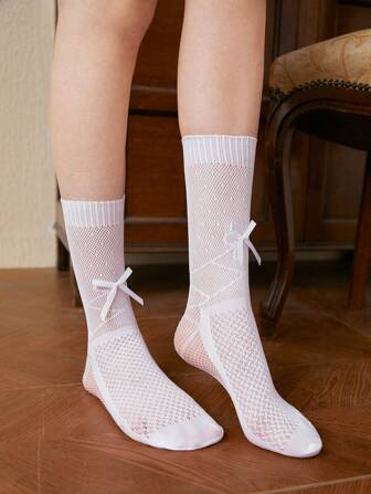 Kawaii 1pair Women Bow Decor Crew Socks