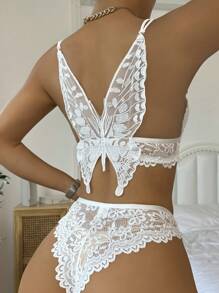 Floral Lace Scallop Trim Lingerie Set - White - View 1