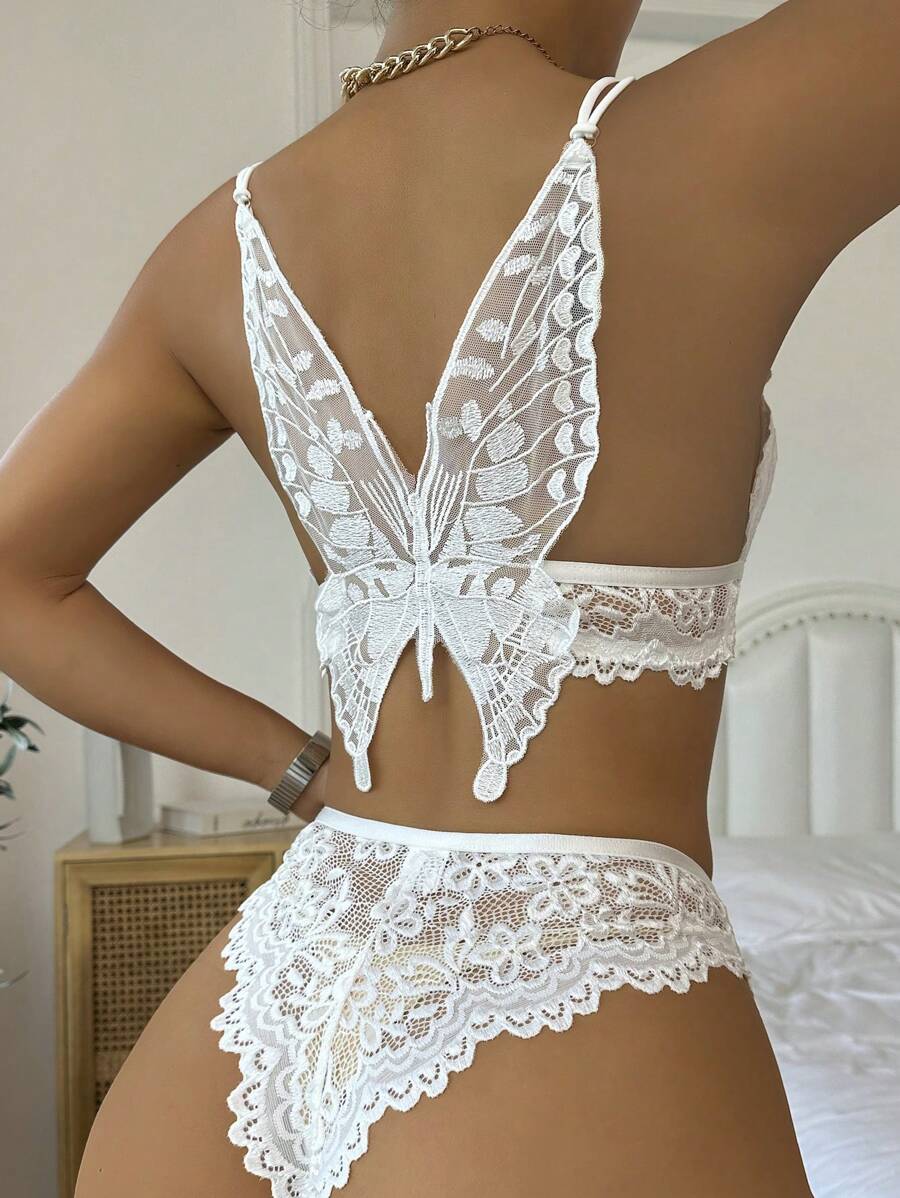 Floral Lace Scallop Trim Lingerie Set - White - View 1