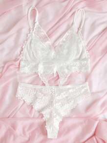 Floral Lace Scallop Trim Lingerie Set - White - View 3