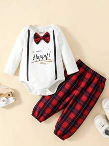 男嬰字母圖案前蝴蝶結連身背心&格紋長褲