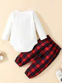 男嬰字母圖案前蝴蝶結連身背心&格紋長褲