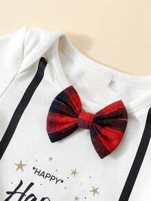 男嬰字母圖案前蝴蝶結連身背心&格紋長褲