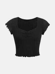 SHEIN Leap Crew Solid Color Square Collar Teenage Girls' Ruffle Hem T-Shirt - Black - View 1