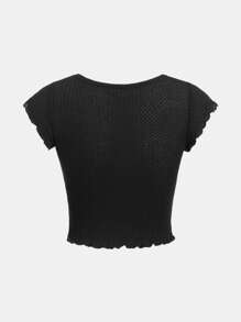 SHEIN Leap Crew Solid Color Square Collar Teenage Girls' Ruffle Hem T-Shirt - Black - View 2