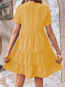 SHEIN VCAY 前紐扣荷葉邊娃娃裙 - 芥末黃 - 查看 2