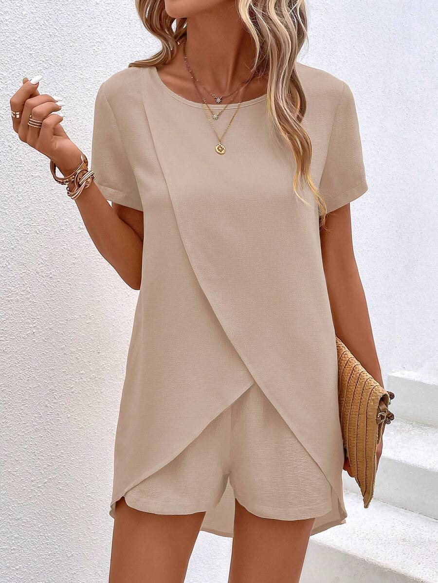 EMERY ROSE Solid Wrap Hem Blouse & Shorts
