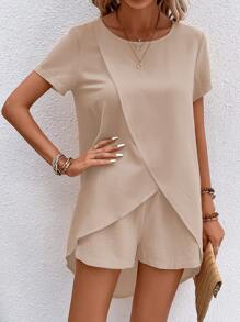 EMERY ROSE Solid Wrap Hem Blouse & Shorts