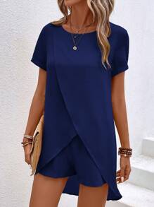 EMERY ROSE 休閒交叉純色女士兩件套 - 藏蓝色 - 查看 3