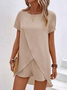 EMERY ROSE Solid Wrap Hem Blouse & Shorts