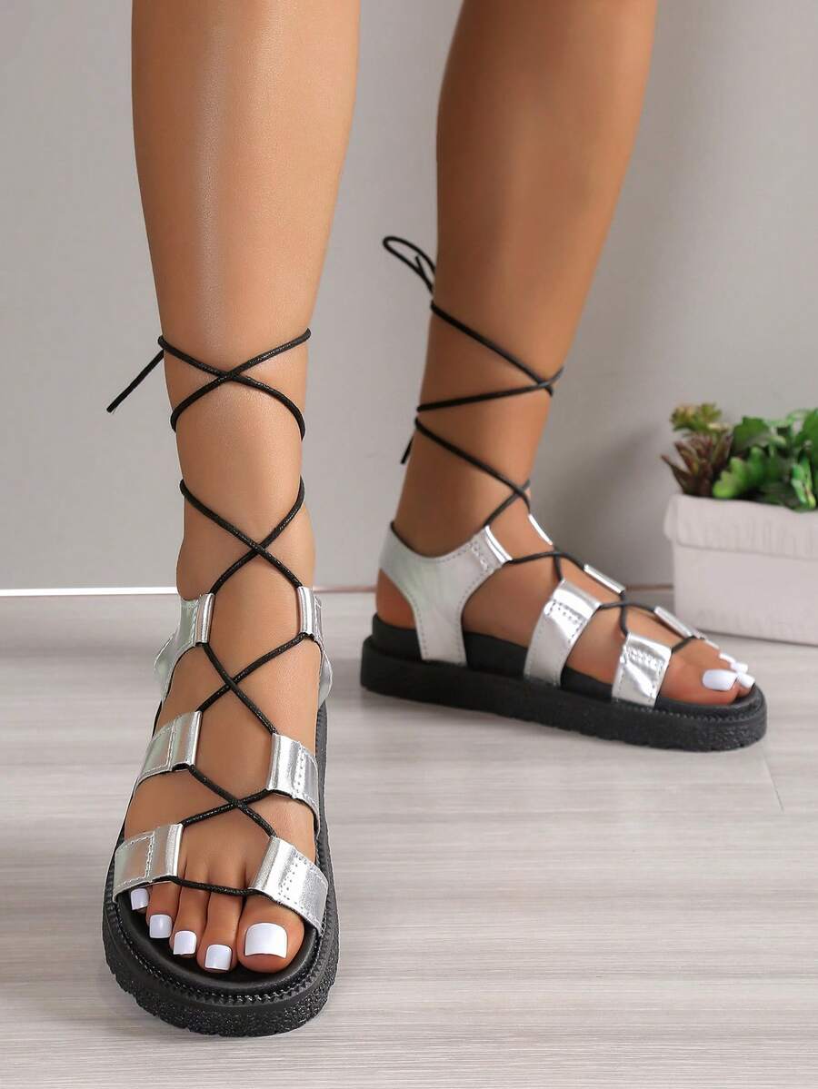 Women's Fashionable Flat Sandals With Straps - Silver - View 1
