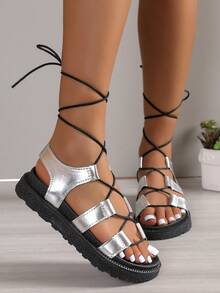 Women's Fashionable Flat Sandals With Straps - Silver - View 3