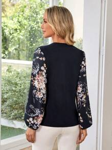 EMERY ROSE In hoa Tay áo lồng đèn Áo - Màu xanh hải quân - Xem 2