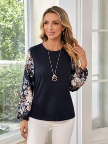 EMERY ROSE In hoa Tay áo lồng đèn Áo - Màu xanh hải quân - Xem 4