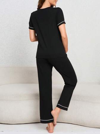 SHEIN Mamma Kontrast Piping ficka Patched Loungewear Set för mamma