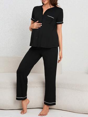 SHEIN Mamma Kontrast Piping ficka Patched Loungewear Set för mamma
