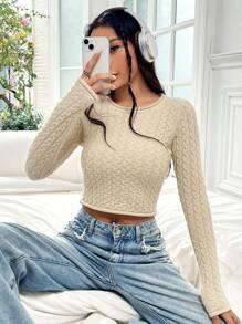 SHEIN Unity 素色短款毛衣 - 卡其色 - 查看 1