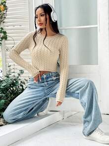 SHEIN Unity 素色短款毛衣 - 卡其色 - 查看 3