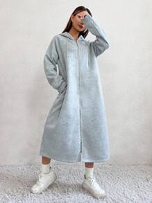 SHEIN Unity Túi nghiêng Viền chia cắt Dây rút Đàm áo cánh có mũ - Màu Xám nhạt - Xem 3