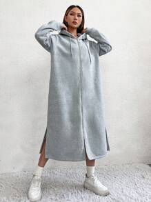 SHEIN Unity Túi nghiêng Viền chia cắt Dây rút Đàm áo cánh có mũ - Màu Xám nhạt - Xem 6