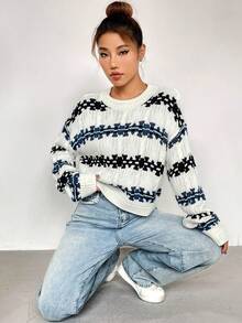 SHEIN Unity Mẫu sọc Thả vai Áo len - Nhiều màu - Xem 4