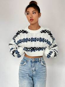 SHEIN Unity Mẫu sọc Thả vai Áo len - Nhiều màu - Xem 5