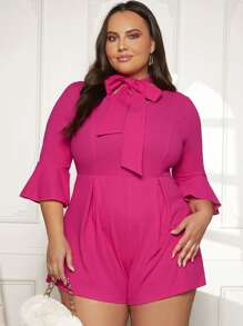 SHEIN Privé Plus 1pc Tie Neck Flare Sleeve Romper - Hot Pink - View 4
